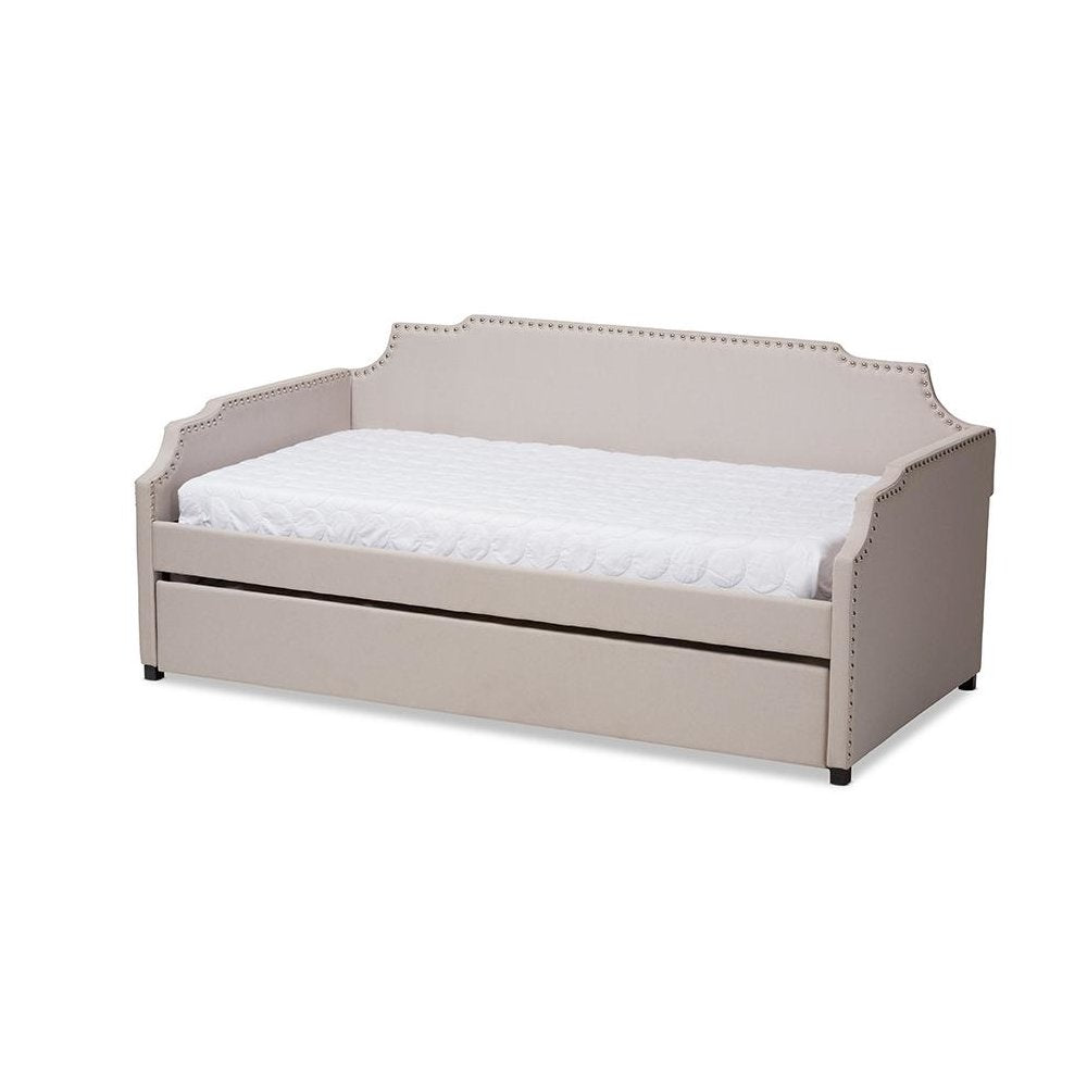 Beige Fabric Upholstered Twin Size Sofa Daybed with Roll Out Trundle Guest Bed