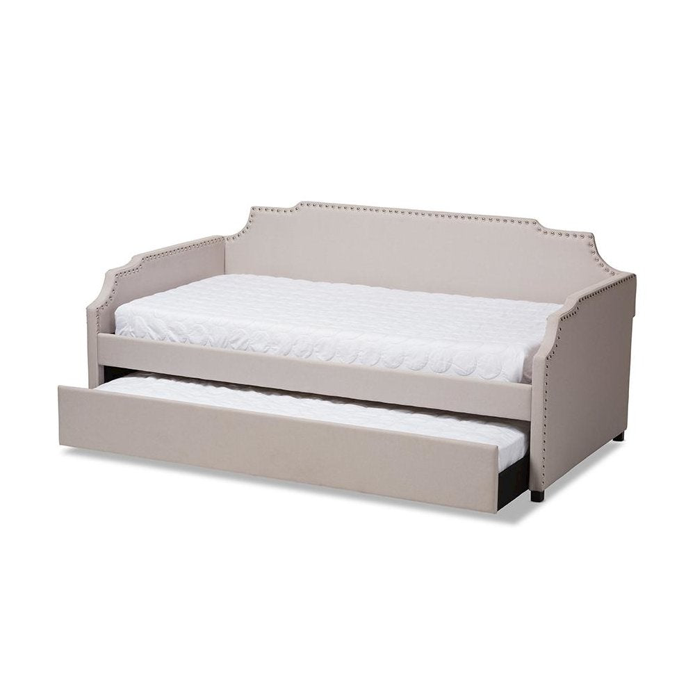 Beige Fabric Upholstered Twin Size Sofa Daybed with Roll Out Trundle Guest Bed