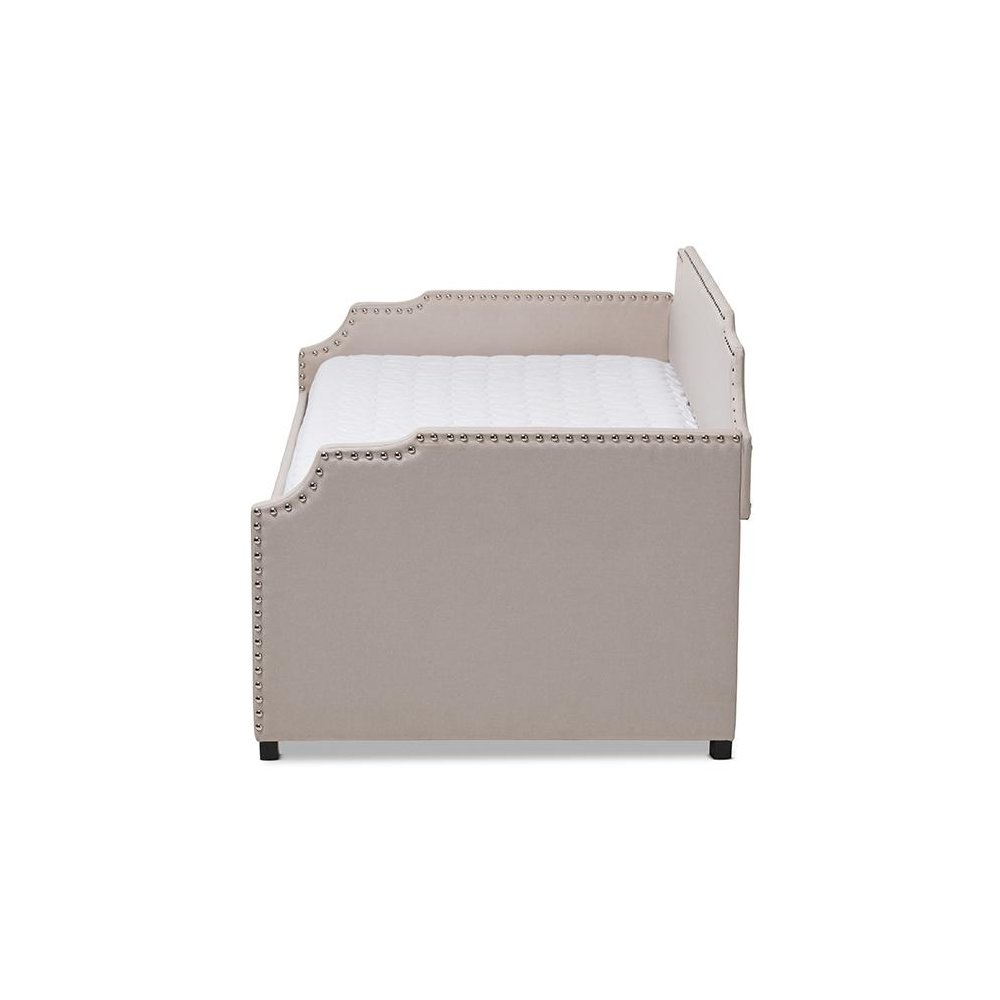 Beige Fabric Upholstered Twin Size Sofa Daybed with Roll Out Trundle Guest Bed