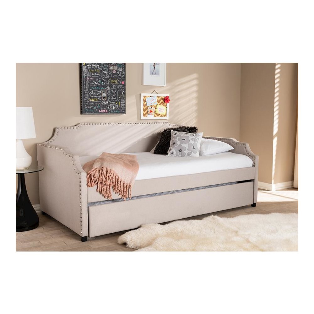 Beige Fabric Upholstered Twin Size Sofa Daybed with Roll Out Trundle Guest Bed