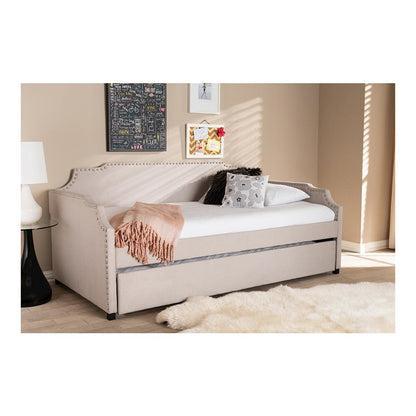 Beige Fabric Upholstered Twin Size Sofa Daybed with Roll Out Trundle Guest Bed