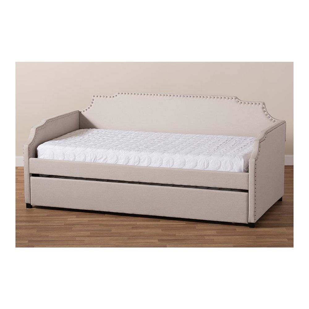 Beige Fabric Upholstered Twin Size Sofa Daybed with Roll Out Trundle Guest Bed