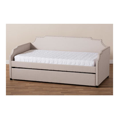 Beige Fabric Upholstered Twin Size Sofa Daybed with Roll Out Trundle Guest Bed