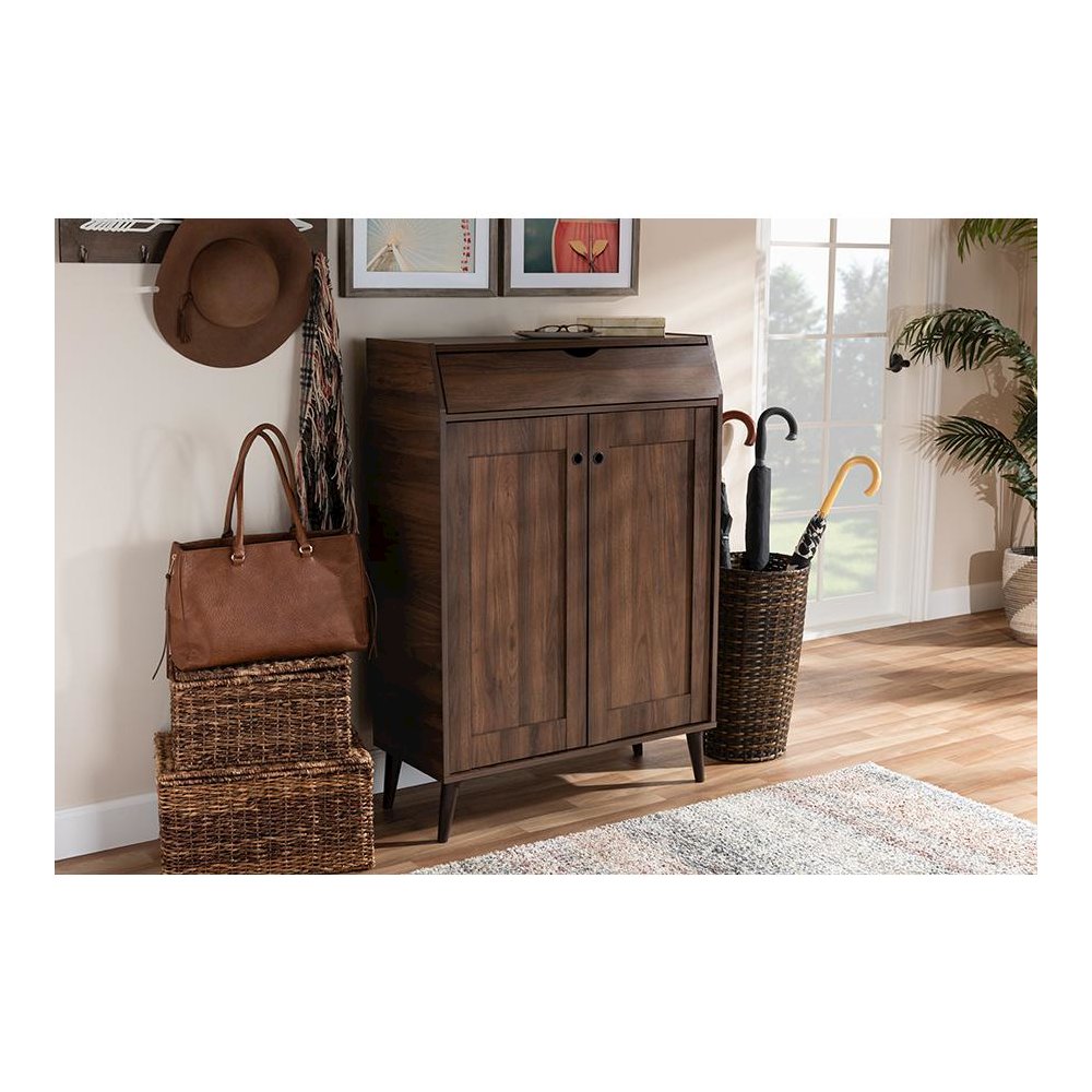 Walnut Brown finished 2-Door Wood Entryway Shoe Storage Cabinet