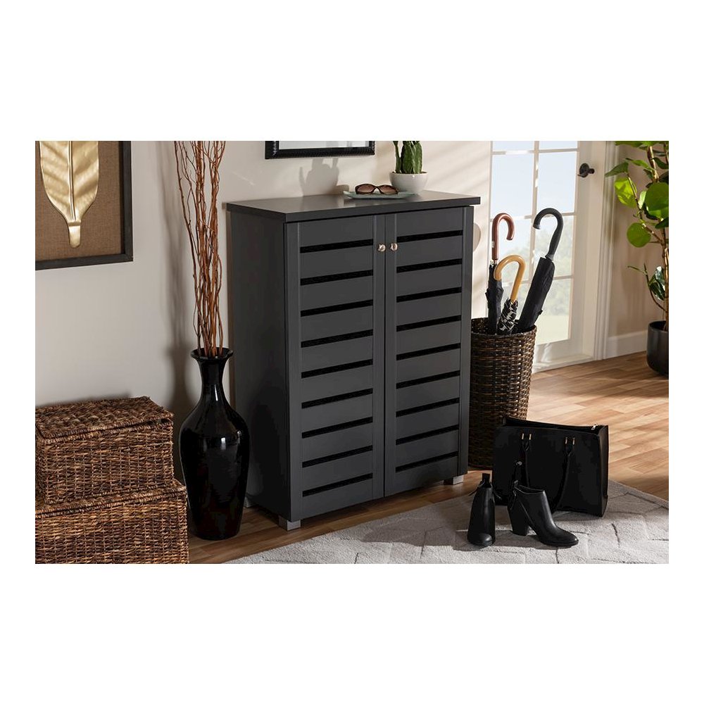 Dark Gray 2-Door Wooden Entryway Shoe Storage Cabinet