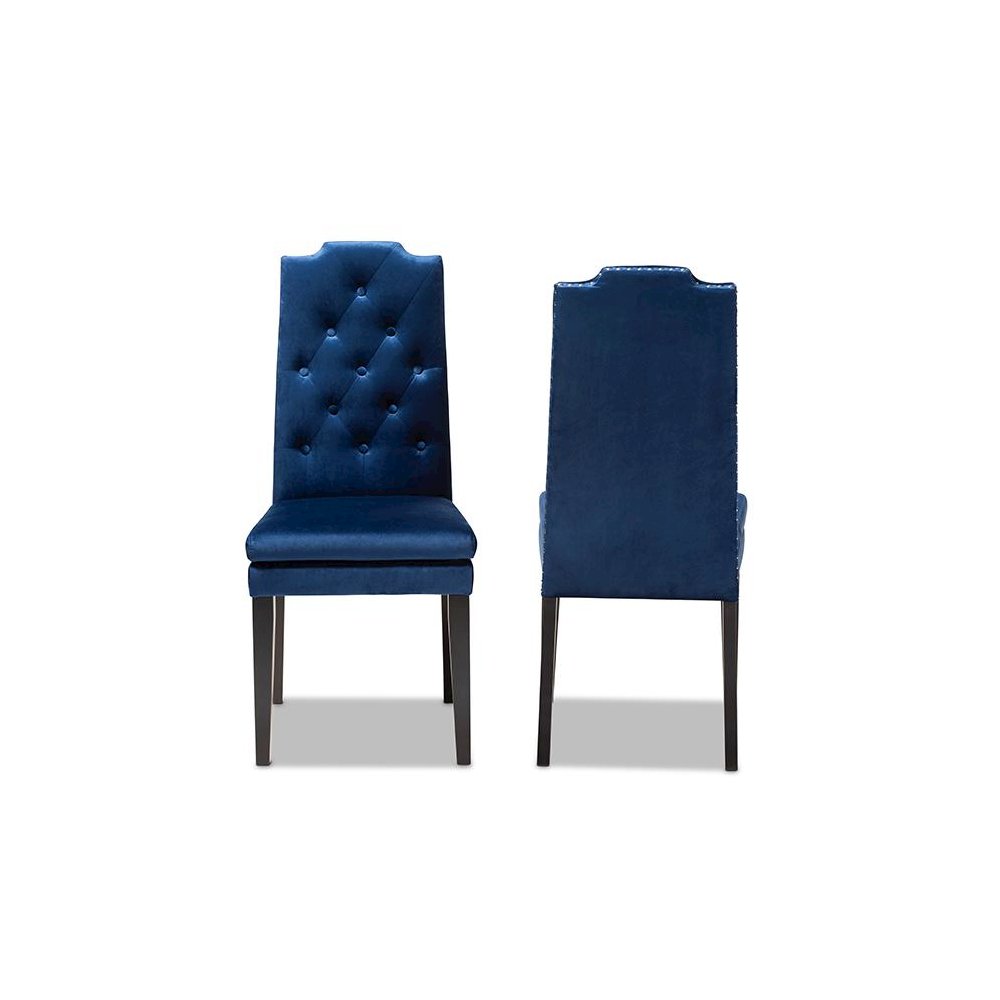 Navy Blue Velvet Fabric Upholstered Button Tufted Wood Dining Chair Set of 2