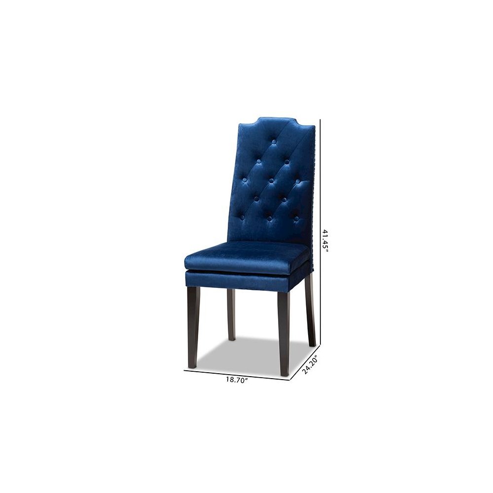Navy Blue Velvet Fabric Upholstered Button Tufted Wood Dining Chair Set of 2