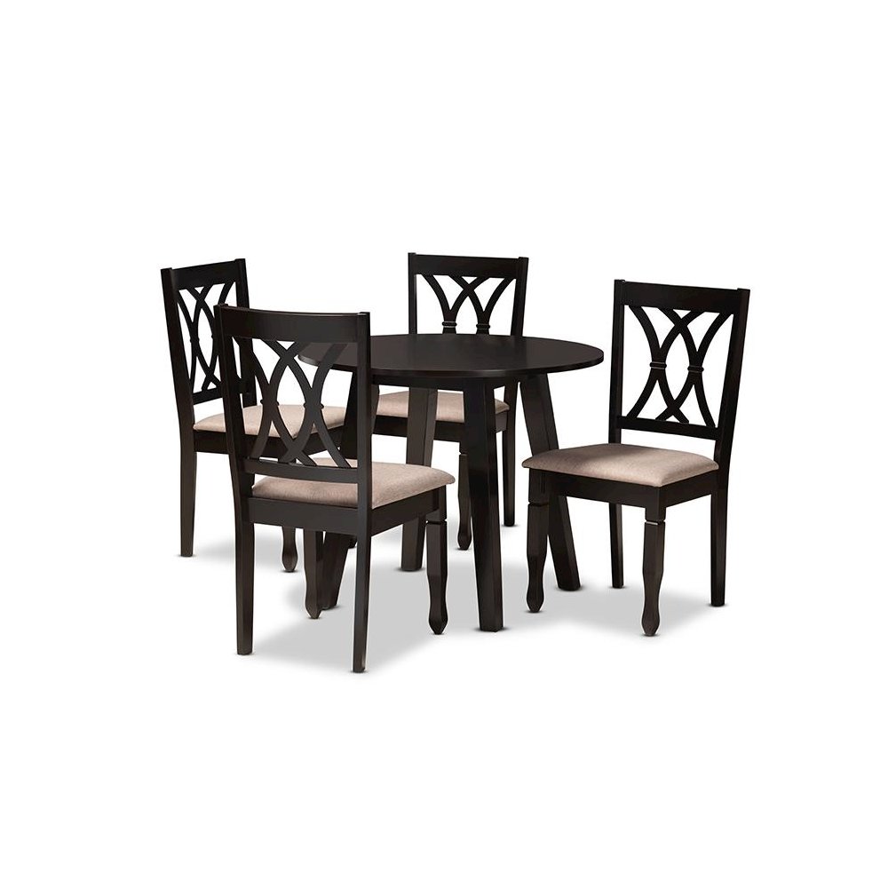 Sand Fabric Upholstered and Dark Brown Finished Wood 5-Piece Dining Set