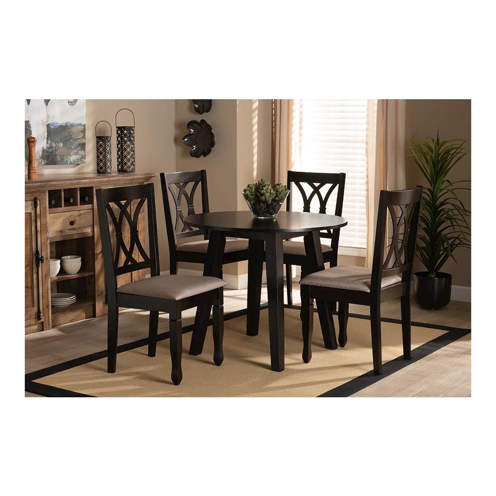Sand Fabric Upholstered and Dark Brown Finished Wood 5-Piece Dining Set
