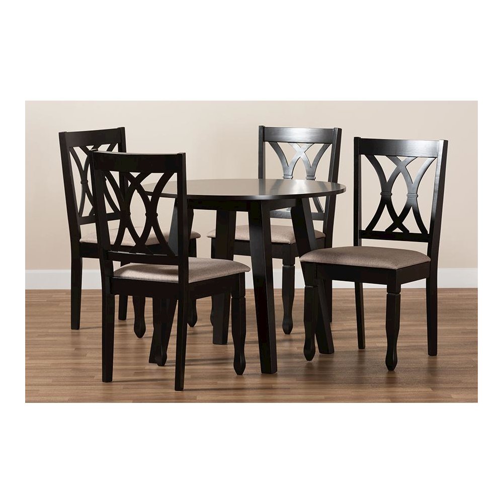 Sand Fabric Upholstered and Dark Brown Finished Wood 5-Piece Dining Set