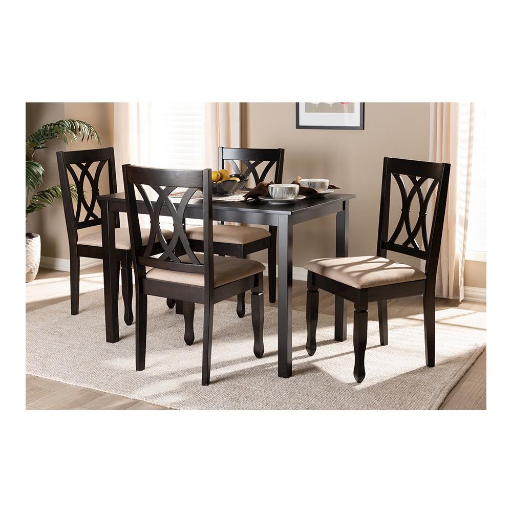 Sand Fabric Upholstered Espresso Brown Finished Wood 5-Piece Dining Set