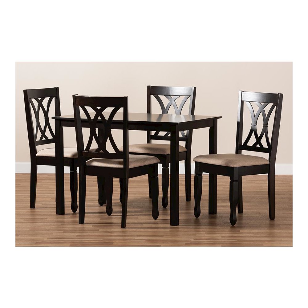 Sand Fabric Upholstered Espresso Brown Finished Wood 5-Piece Dining Set