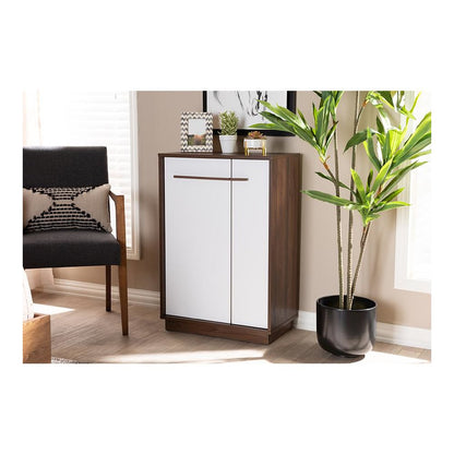 Two-Tone White and Walnut Finished 5-Shelf Wood Entryway Shoe Cabinet
