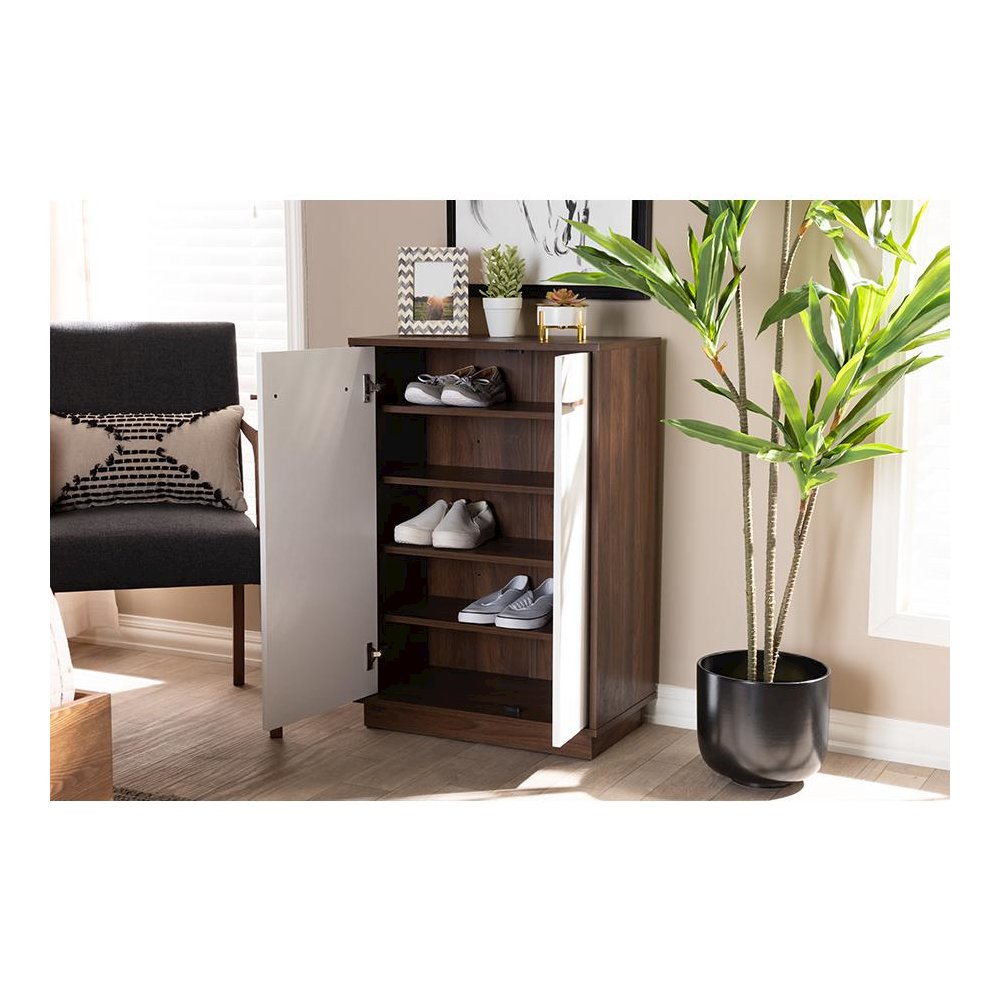 Two-Tone White and Walnut Finished 5-Shelf Wood Entryway Shoe Cabinet