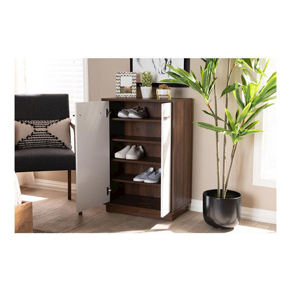 Two-Tone White and Walnut Finished 5-Shelf Wood Entryway Shoe Cabinet