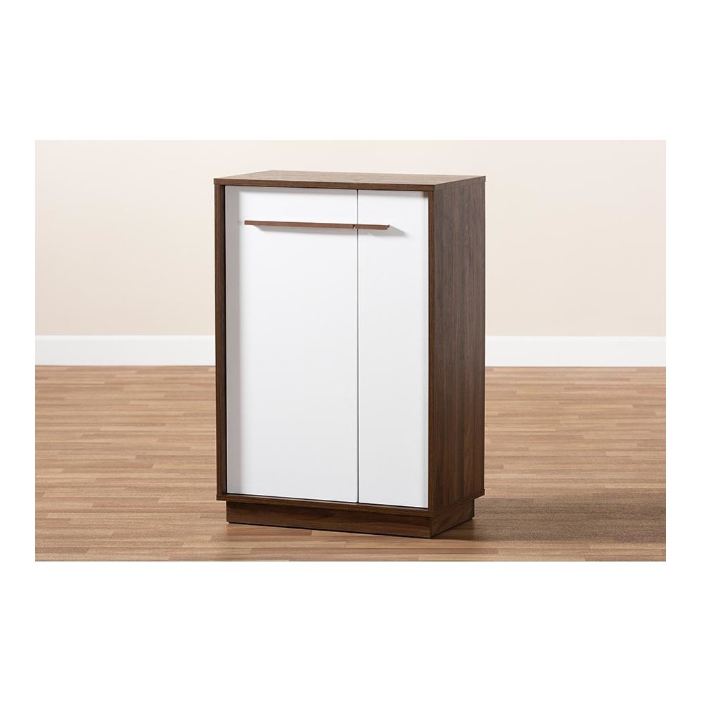 Two-Tone White and Walnut Finished 5-Shelf Wood Entryway Shoe Cabinet