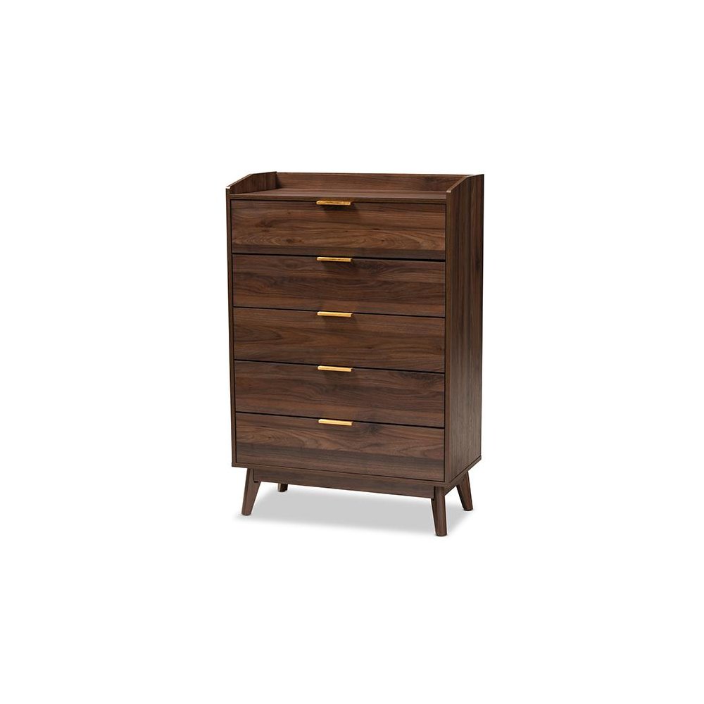 Lena Mid-Century Modern Walnut Brown Finished 5-Drawer Wood Chest