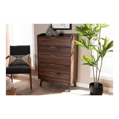 Lena Mid-Century Modern Walnut Brown Finished 5-Drawer Wood Chest