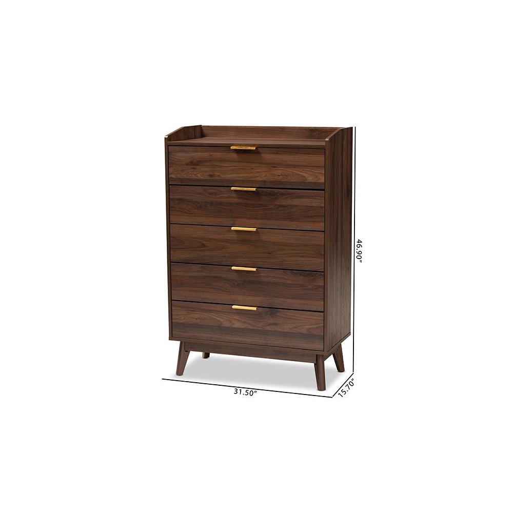 Lena Mid-Century Modern Walnut Brown Finished 5-Drawer Wood Chest