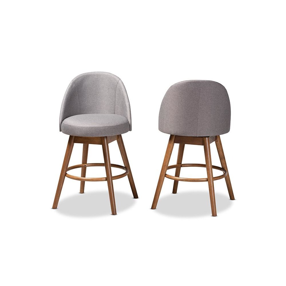Grey Fabric Upholstered Walnut-Finished Wood Swivel Counter Stool Set of 2