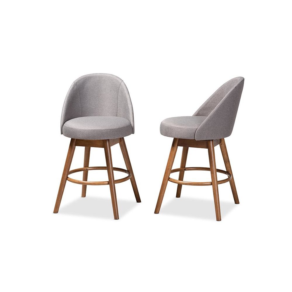 Grey Fabric Upholstered Walnut-Finished Wood Swivel Counter Stool Set of 2
