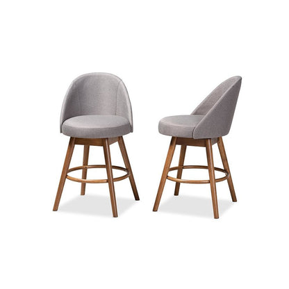 Grey Fabric Upholstered Walnut-Finished Wood Swivel Counter Stool Set of 2