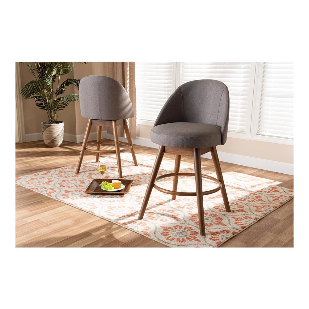 Grey Fabric Upholstered Walnut-Finished Wood Swivel Counter Stool Set of 2