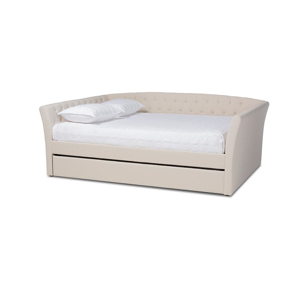 Beige Fabric Upholstered Full Size Daybed with Roll-Out Trundle Bed
