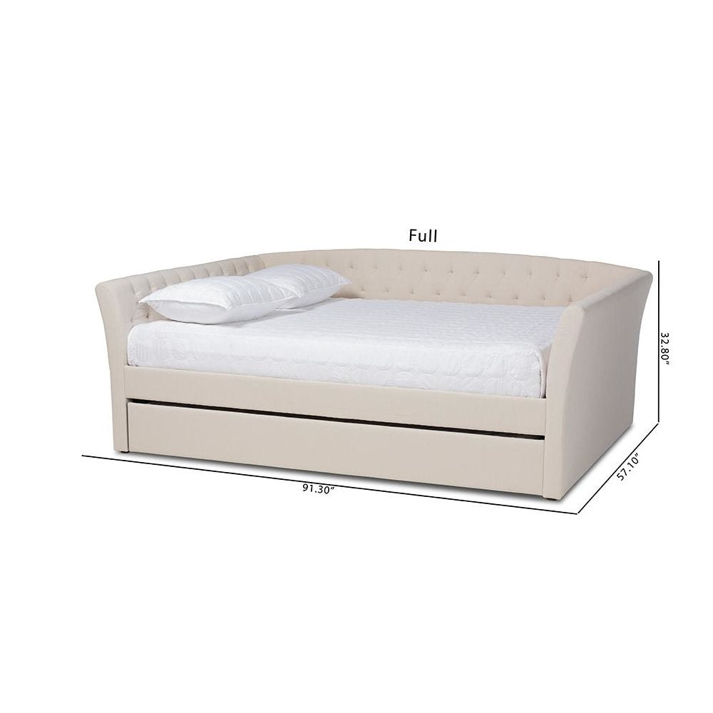 Beige Fabric Upholstered Full Size Daybed with Roll-Out Trundle Bed