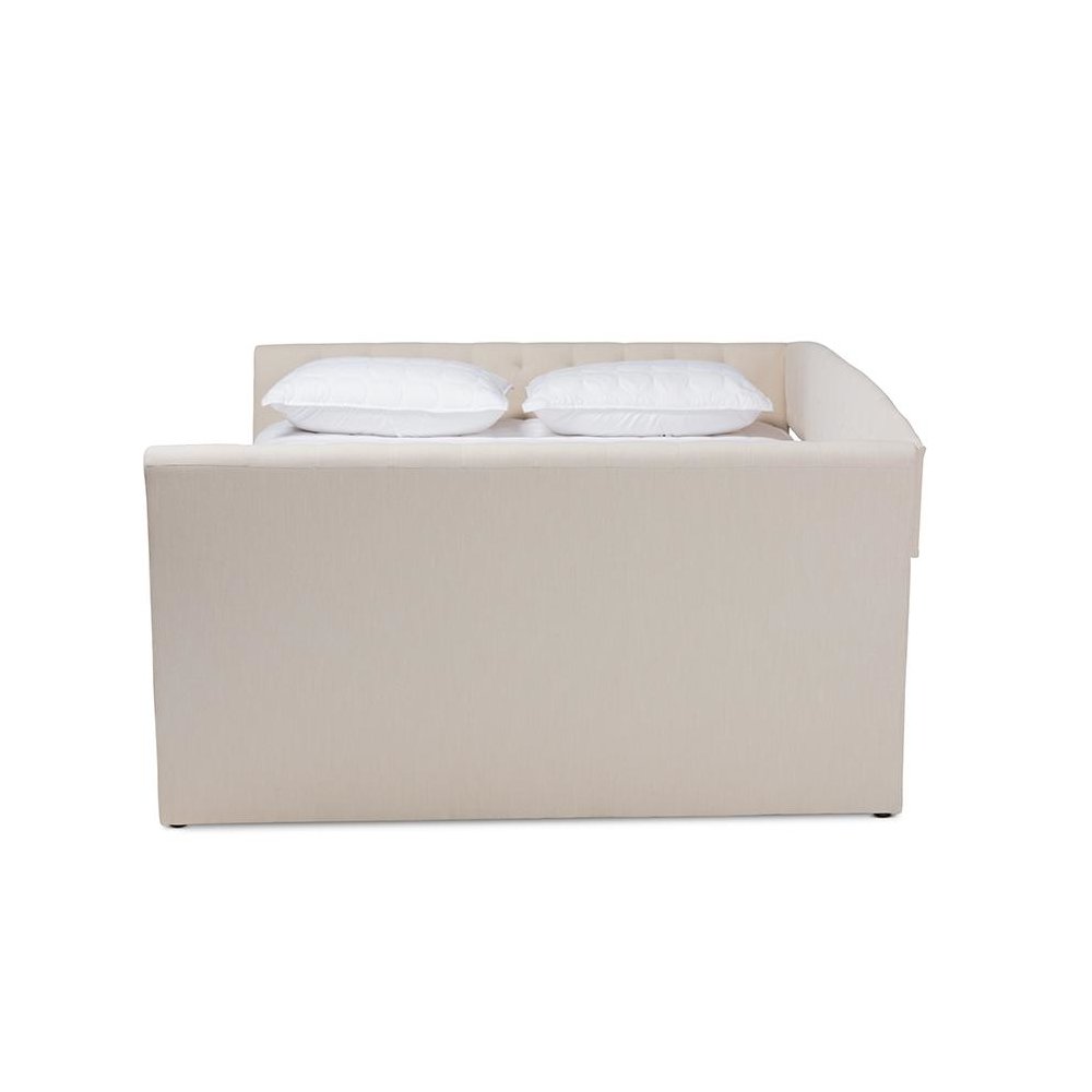 Beige Fabric Upholstered Full Size Daybed with Roll-Out Trundle Bed
