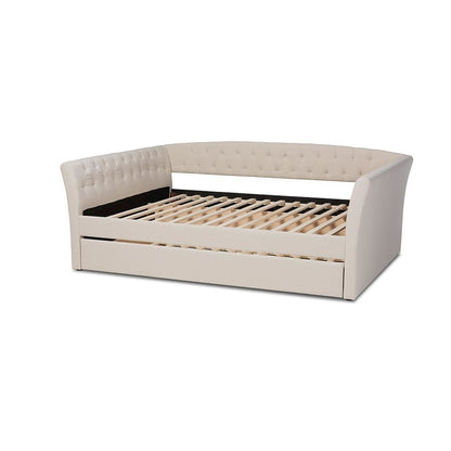 Beige Fabric Upholstered Full Size Daybed with Roll-Out Trundle Bed