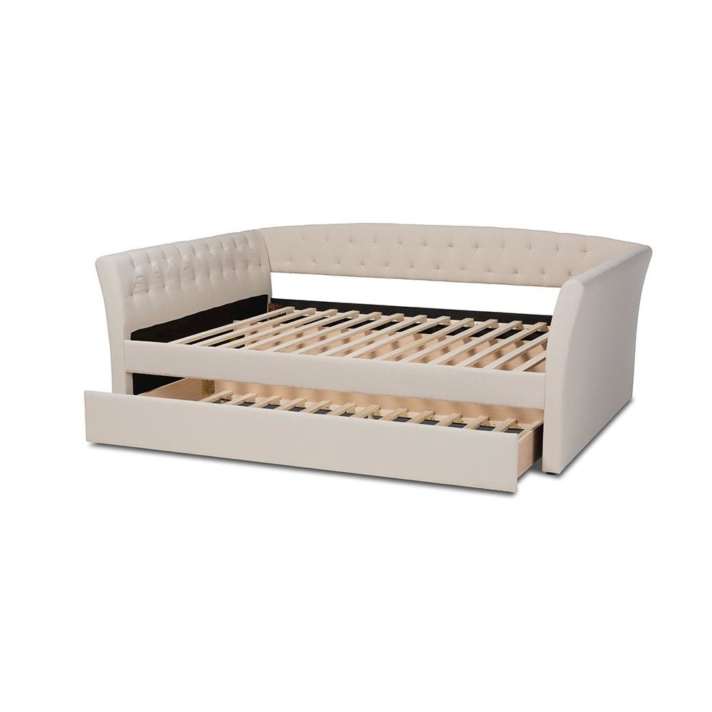 Beige Fabric Upholstered Full Size Daybed with Roll-Out Trundle Bed