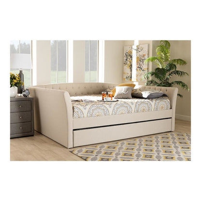 Beige Fabric Upholstered Full Size Daybed with Roll-Out Trundle Bed
