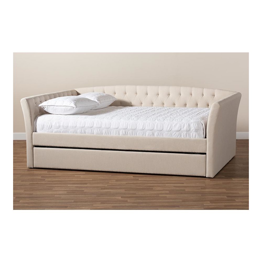 Beige Fabric Upholstered Full Size Daybed with Roll-Out Trundle Bed