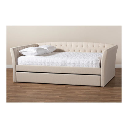 Beige Fabric Upholstered Full Size Daybed with Roll-Out Trundle Bed