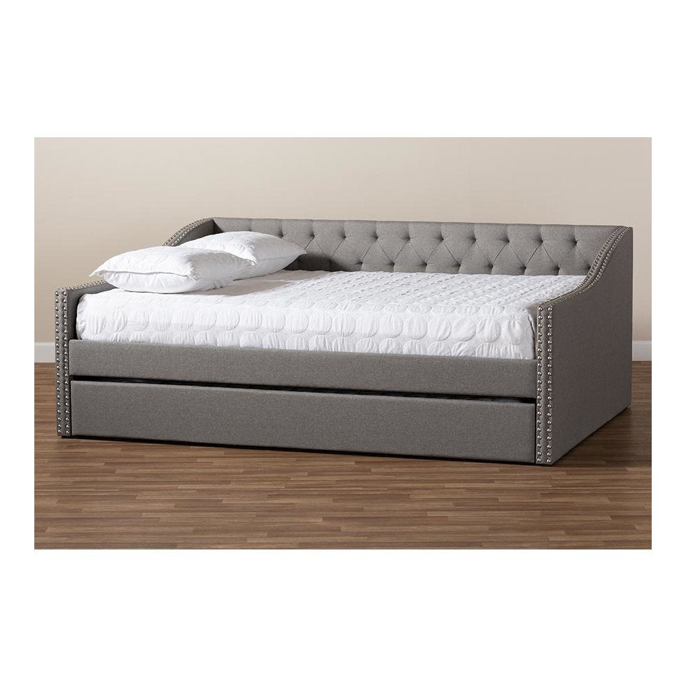 Light Grey Fabric Upholstered Full Size Daybed with Roll-Out Trundle Bed