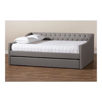 Light Grey Fabric Upholstered Full Size Daybed with Roll-Out Trundle Bed