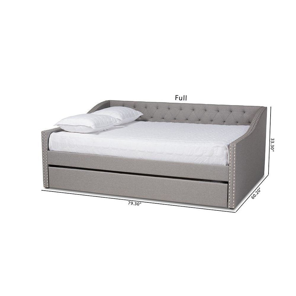 Light Grey Fabric Upholstered Full Size Daybed with Roll-Out Trundle Bed