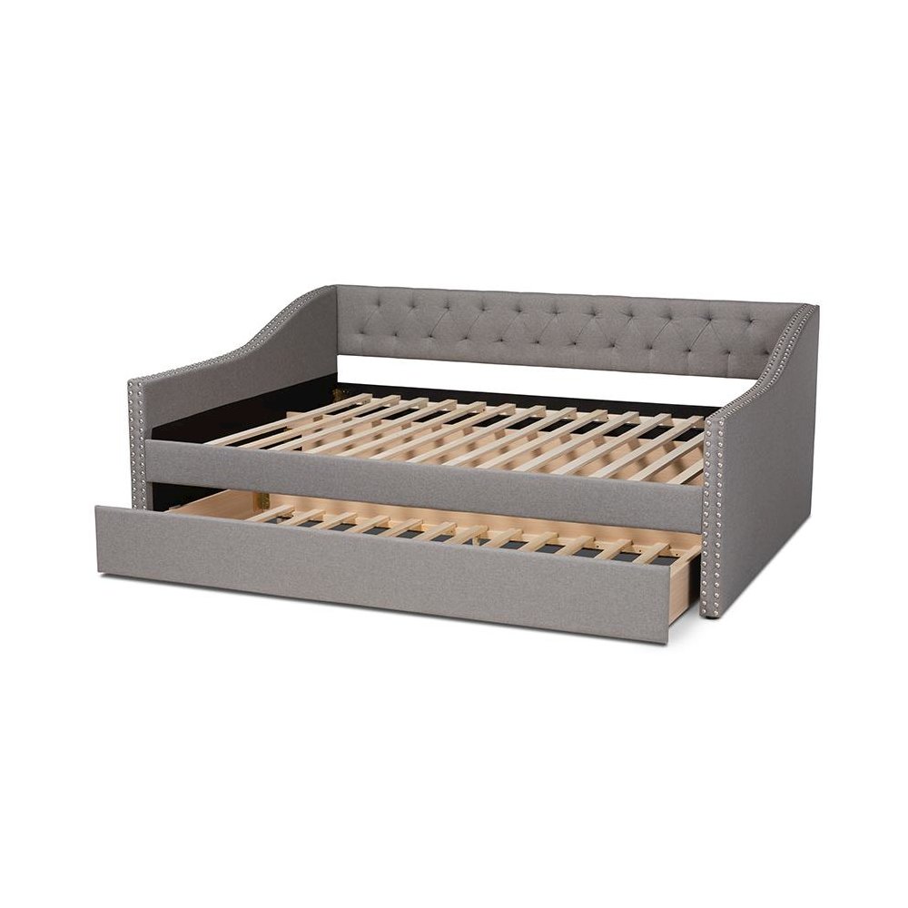 Light Grey Fabric Upholstered Full Size Daybed with Roll-Out Trundle Bed