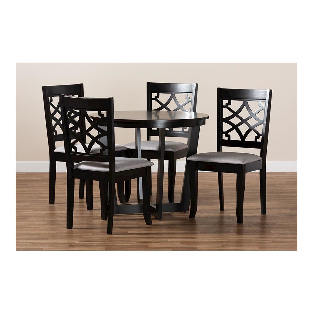 Grey Fabric Upholstered and Dark Brown Finished Wood 5-Piece Dining Set