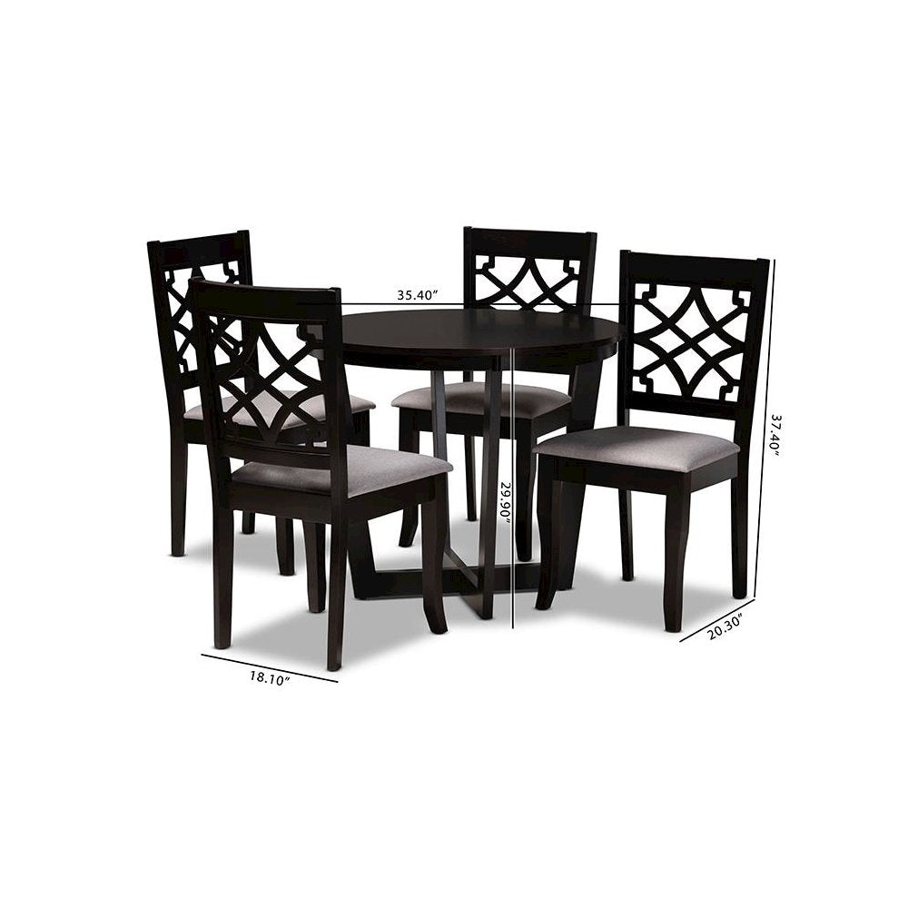 Grey Fabric Upholstered and Dark Brown Finished Wood 5-Piece Dining Set