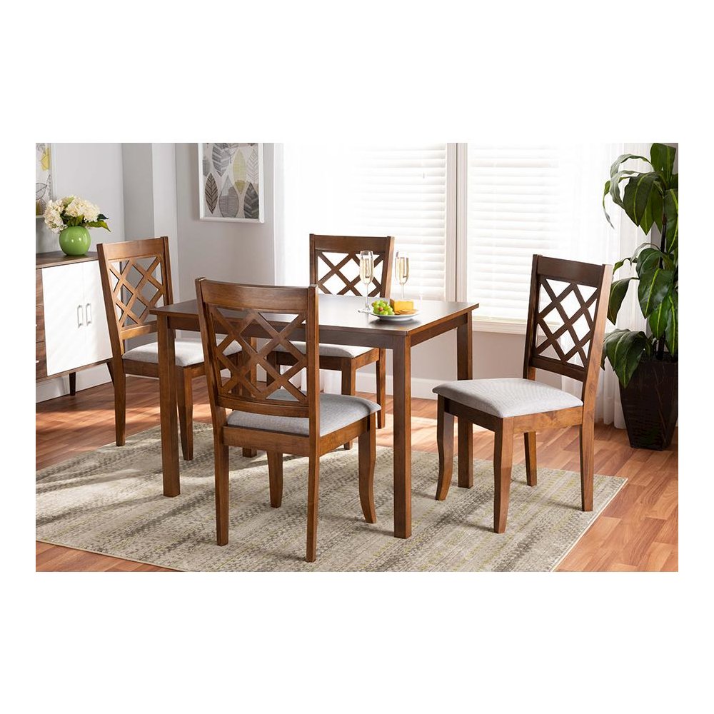 Grey Fabric Upholstered and Walnut Brown Finished Wood 5-Piece Dining Set