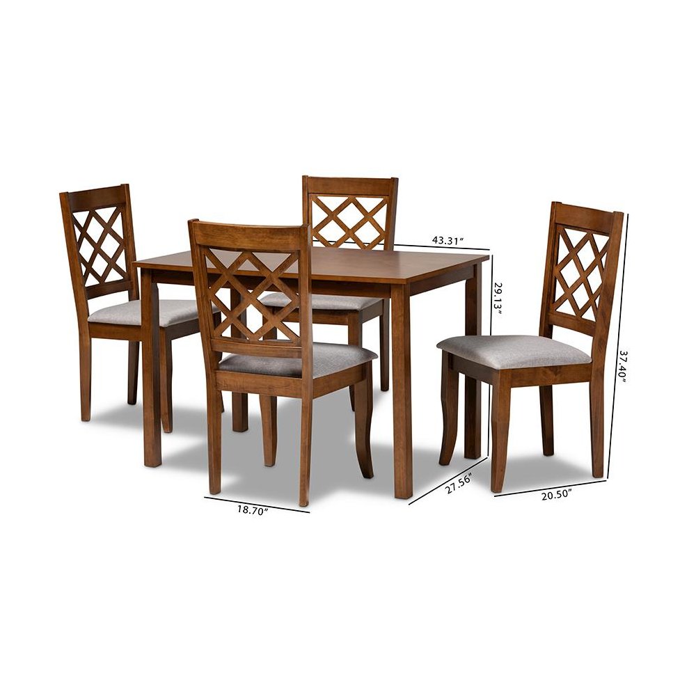 Grey Fabric Upholstered and Walnut Brown Finished Wood 5-Piece Dining Set