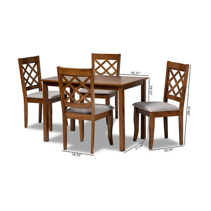 Grey Fabric Upholstered and Walnut Brown Finished Wood 5-Piece Dining Set