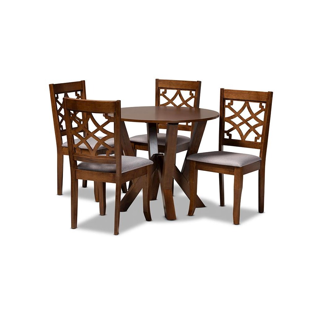 Grey Fabric Upholstered and Walnut Brown Finished Wood 5-Piece Dining Set
