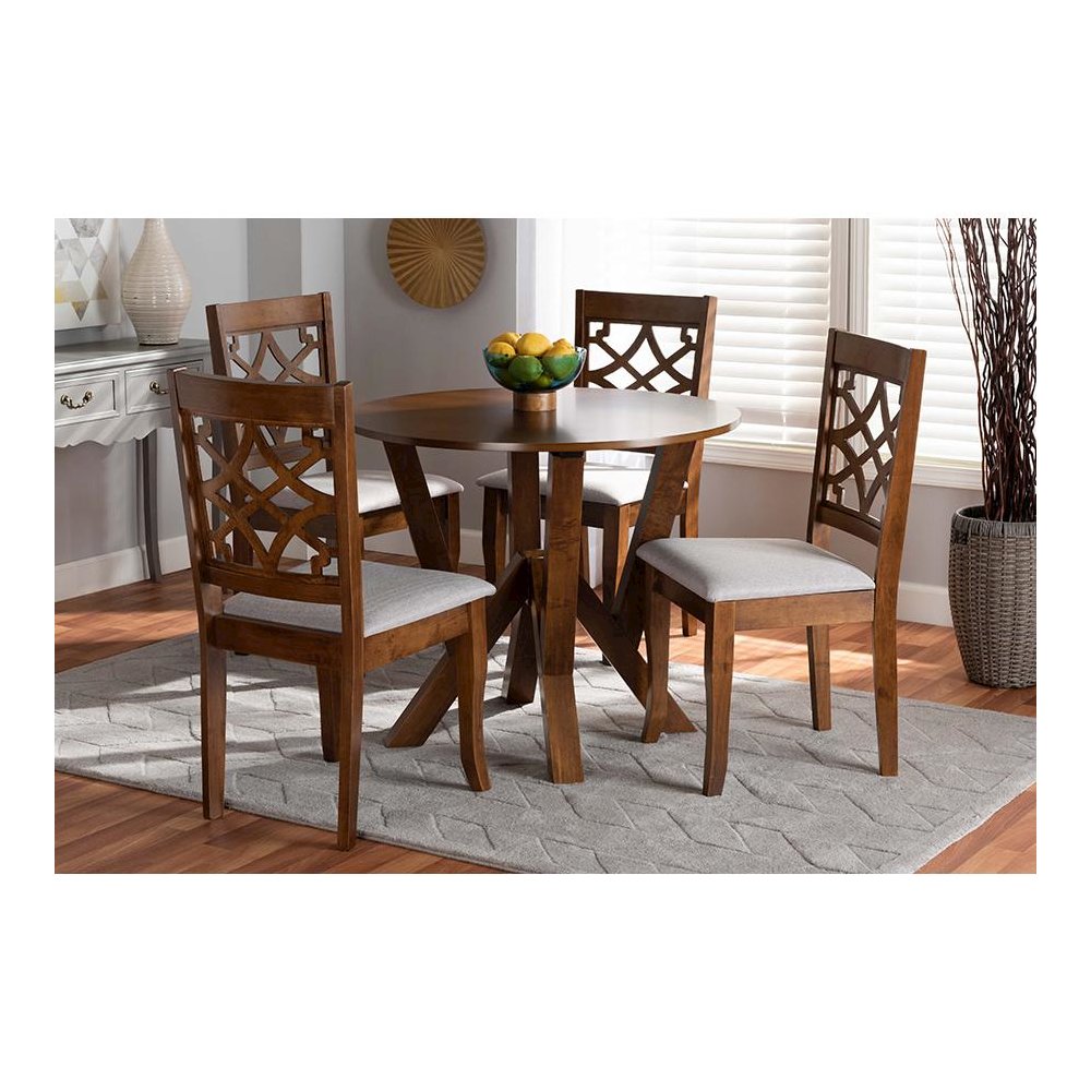 Grey Fabric Upholstered and Walnut Brown Finished Wood 5-Piece Dining Set