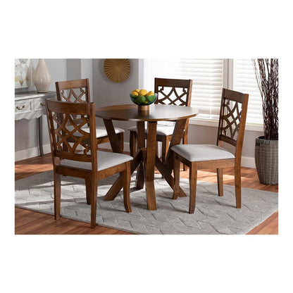 Grey Fabric Upholstered and Walnut Brown Finished Wood 5-Piece Dining Set