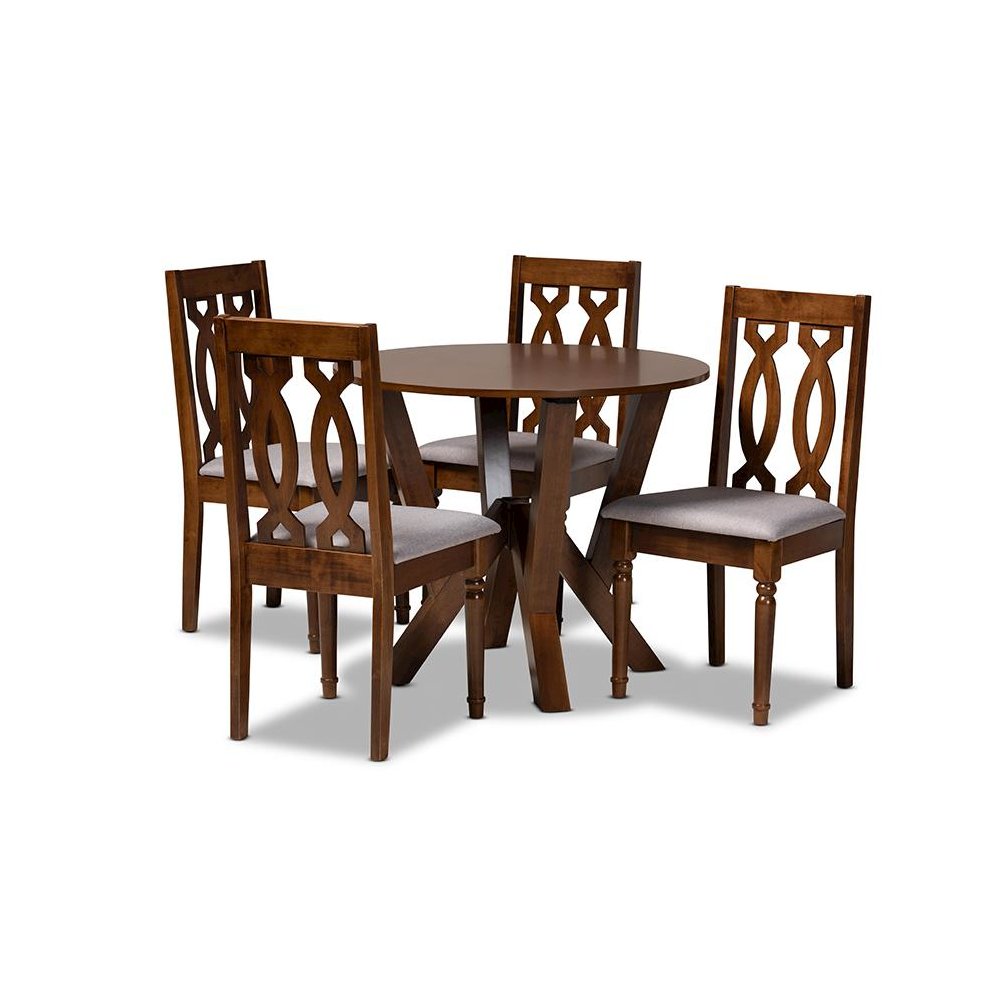 Grey Fabric Upholstered and Walnut Brown Finished Wood 5-Piece Dining Set