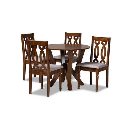 Grey Fabric Upholstered and Walnut Brown Finished Wood 5-Piece Dining Set