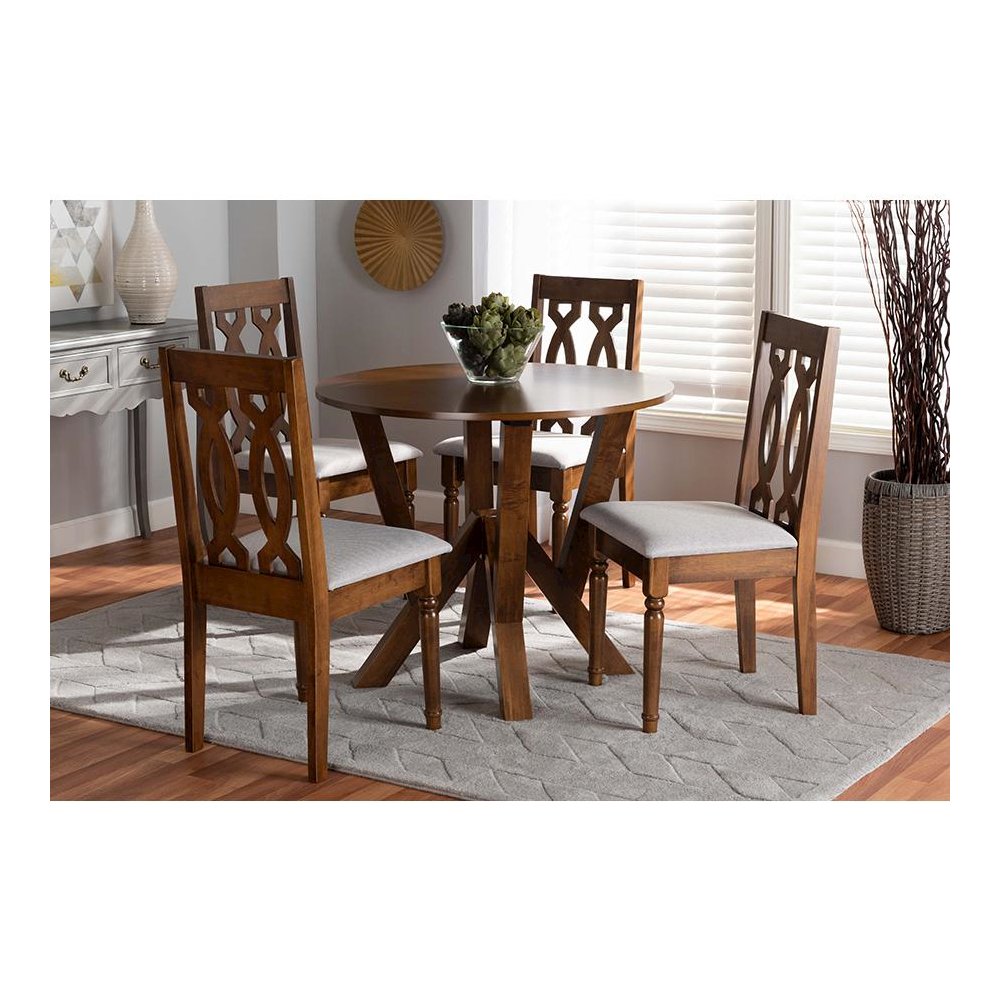 Grey Fabric Upholstered and Walnut Brown Finished Wood 5-Piece Dining Set